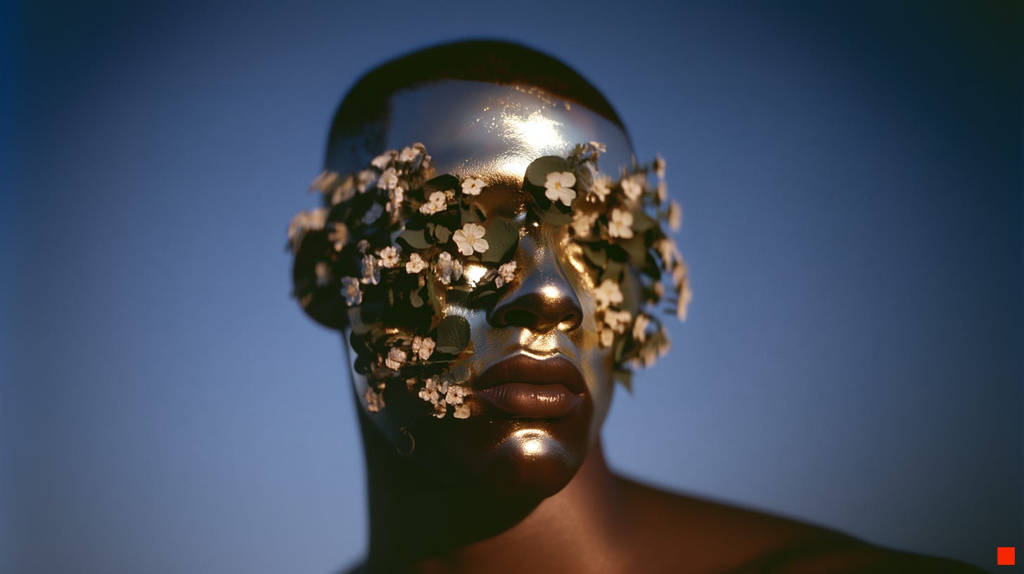 A sculptural portrait of a human figure with a reflective gold face, partially obscured by small white flowers across the eyes and cheeks, set against a soft blue background. The figure faces forward, still and centered.