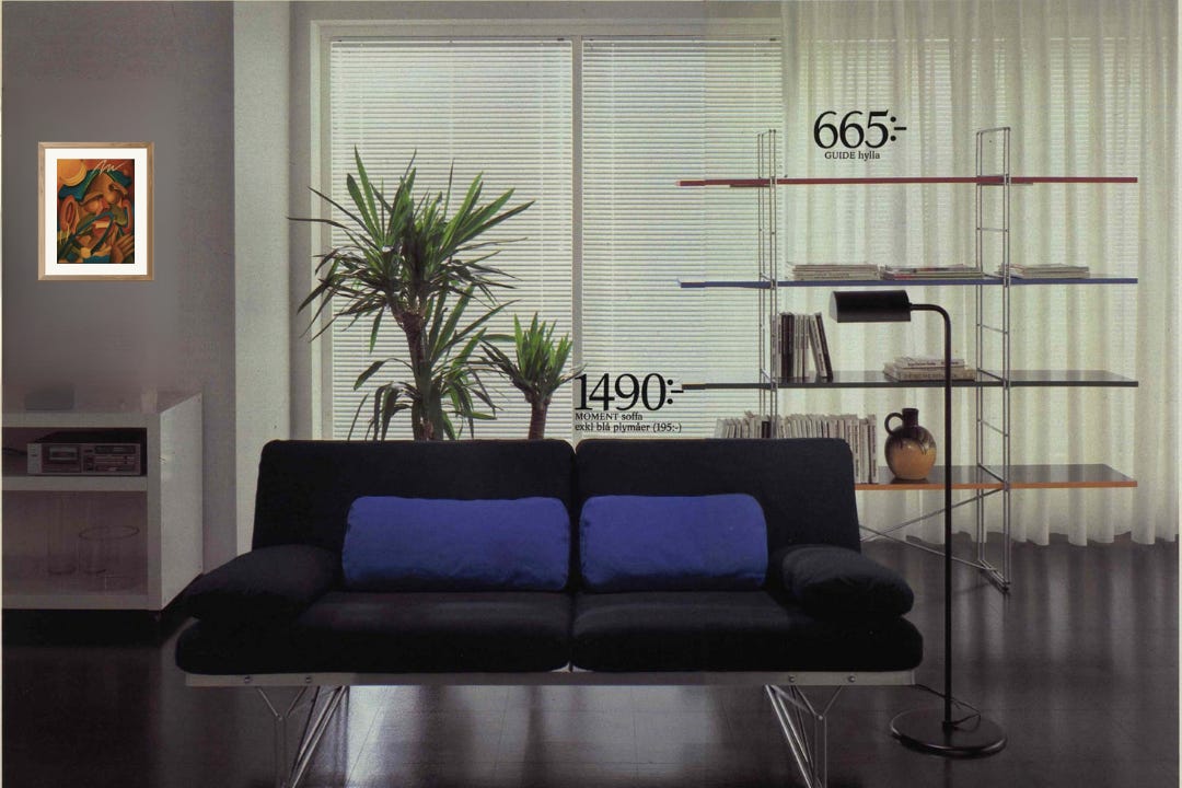 A 1985 IKEA catalog living room with a black sofa with blue cushions, a wire shelf and tall plants, with Nwansa Warna's small painting hung in a pale frame above a low white cabinet at the left.
