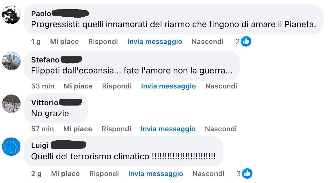 Paolo  Progressisti: quelli innamorati del riarmo che fingono di amare il Pianeta. Stefano Flippati dall'ecoansia... fate l'amore non la guerra... Vittorio No grazie Luigi Quelli del terrorismo climatico !!!!!!!!!!!!!!!