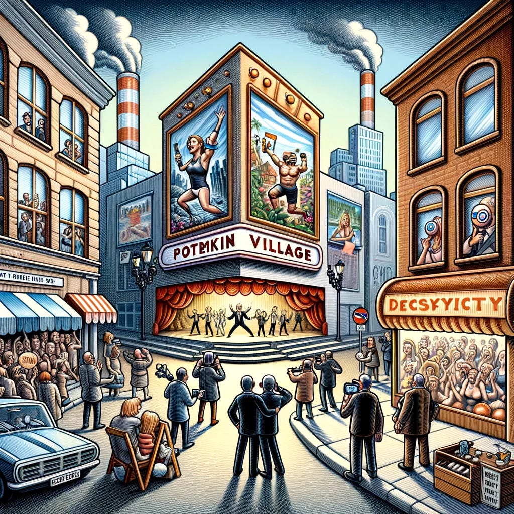 A satirical illustration depicting the concept of living in a Potemkin Village in modern times, without any words or text. Visualize a bustling city street scene, where everything appears glamorous and perfect on the surface. In the foreground, there's an empty gym with a large window showing it's deserted inside, despite the appearance of being popular. Nearby, people pose in front of a backdrop that looks like a tropical paradise, but behind the backdrop, it's just a dull, ordinary street. There's a store with flashy decorations, yet the window display shows overpriced products. In the background, a politician makes grand gestures on a stage, while behind him, contradictory actions are subtly depicted. The whole scene is done in a cartoonish, exaggerated style to highlight the irony and absurdity of the situation, emphasizing the theme 'Believe what I say, not what I do', without using any explicit text.