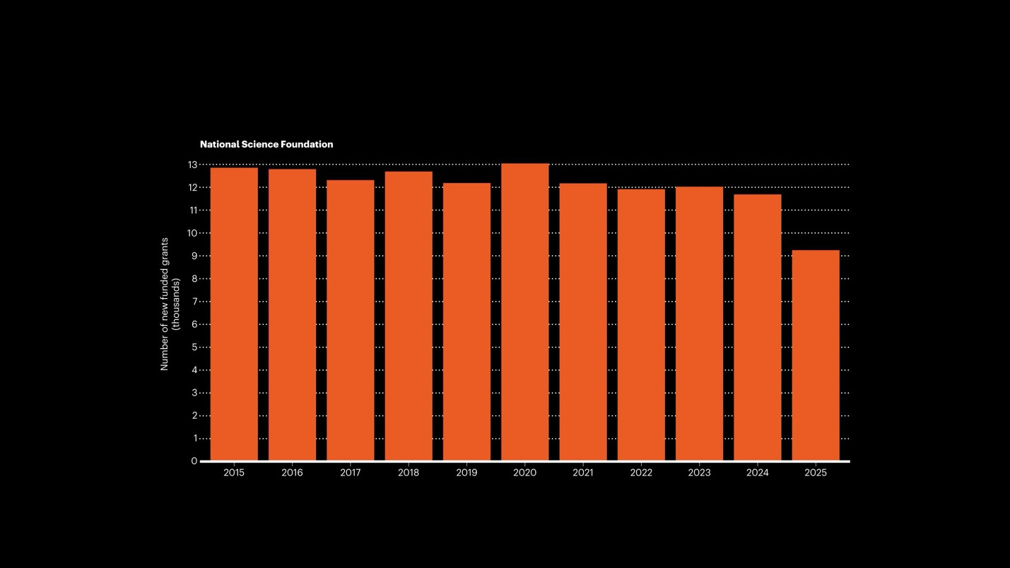 Two bar charts showing the number of grants issued by the National Science Foundation and the National Institutes of Health from 2015 to 2025. In both cases, 2025 is the lowest bar. Two bar charts showing the number of grants issued by the National Science Foundation and the National Institutes of Health from 2015 to 2025. In both cases, 2025 is the lowest bar.