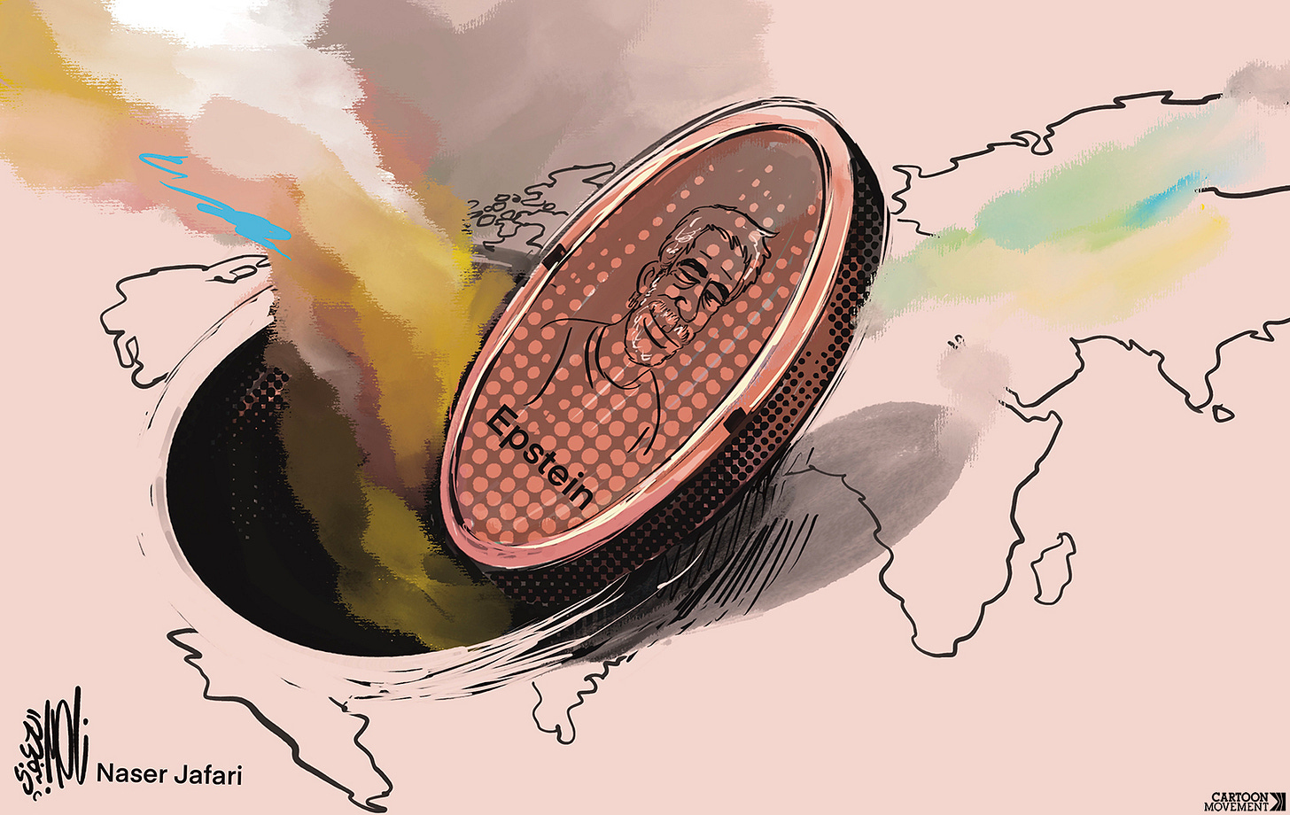 Cartoon showing a map of the world. A giant open sewer hole is in the place of the USA, with brown, noxious fumes coming out. The lid, lying next to the hole, shows the face of Jeffrey Epstein.