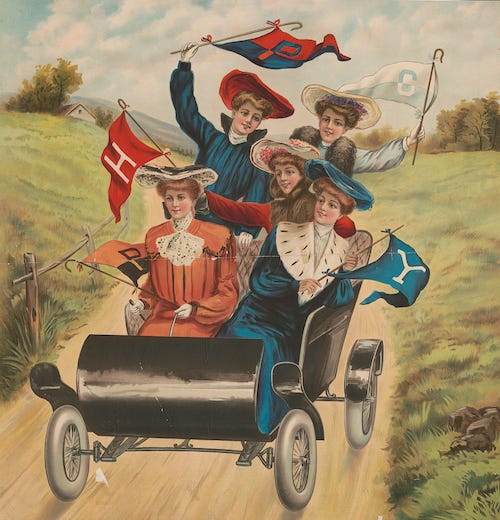 Five women driving in an early automobile, each one is dressed fashionably wearing coats and hats, holding flags that have a letter on them, possibly representing Ivy League universities