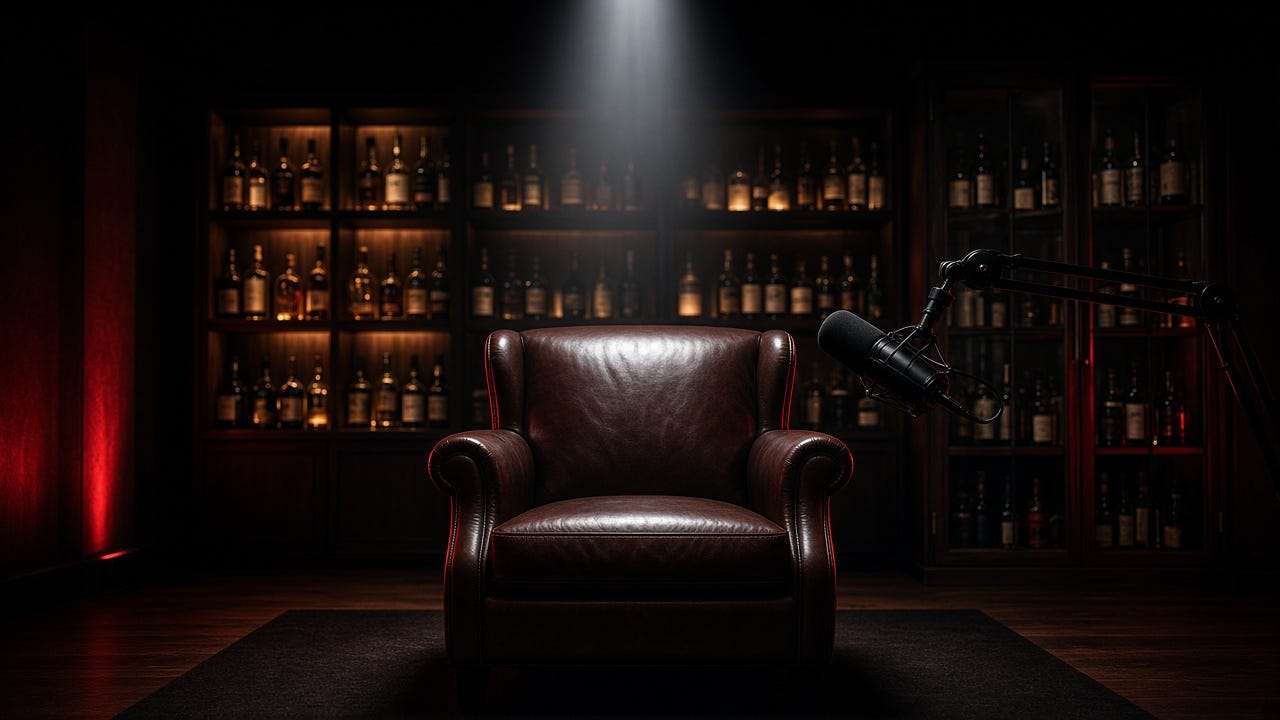 Empty guest chair under a spotlight in a dark podcast studio, liquor cabinet behind