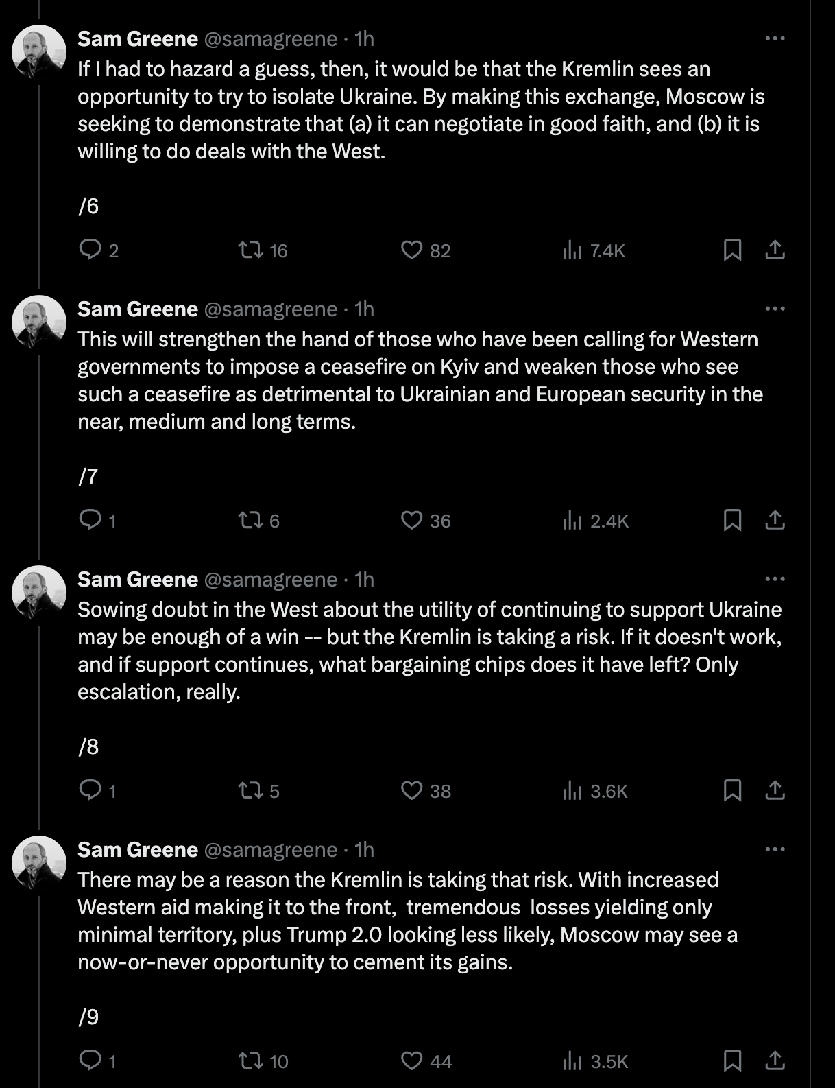 If I had to hazard a guess, then, it would be that the Kremlin sees an opportunity to try to isolate Ukraine. By making this exchange, Moscow is seeking to demonstrate that (a) it can negotiate in good faith, and (b) it is willing to do deals with the West. /6 Sam Greene @samagreene · 1h This will strengthen the hand of those who have been calling for Western governments to impose a ceasefire on Kyiv and weaken those who see such a ceasefire as detrimental to Ukrainian and European security in the near, medium and long terms. /7 Sam Greene @samagreene · 1h Sowing doubt in the West about the utility of continuing to support Ukraine may be enough of a win -- but the Kremlin is taking a risk. If it doesn't work, and if support continues, what bargaining chips does it have left? Only escalation, really. /8 Sam Greene @samagreene · 1h There may be a reason the Kremlin is taking that risk. With increased Western aid making it to the front, tremendous losses yielding only minimal territory, plus Trump 2.0 looking less likely, Moscow may see a now-or-never opportunity to cement its gains. If I had to hazard a guess, then, it would be that the Kremlin sees an opportunity to try to isolate Ukraine. By making this exchange, Moscow is seeking to demonstrate that (a) it can negotiate in good faith, and (b) it is willing to do deals with the West. /6 Sam Greene @samagreene · 1h This will strengthen the hand of those who have been calling for Western governments to impose a ceasefire on Kyiv and weaken those who see such a ceasefire as detrimental to Ukrainian and European security in the near, medium and long terms. /7 Sam Greene @samagreene · 1h Sowing doubt in the West about the utility of continuing to support Ukraine may be enough of a win -- but the Kremlin is taking a risk. If it doesn't work, and if support continues, what bargaining chips does it have left? Only escalation, really. /8 Sam Greene @samagreene · 1h There may be a reason the Kremlin is taking that risk. With increased Western aid making it to the front, tremendous losses yielding only minimal territory, plus Trump 2.0 looking less likely, Moscow may see a now-or-never opportunity to cement its gains.
