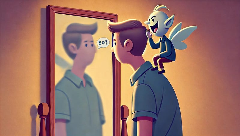 Man looking in mirror with mean caricature on shoulder representing the inner critic.