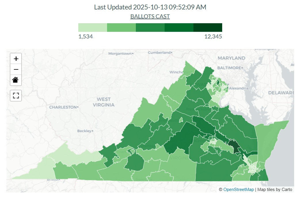 May be an image of map and text that says 'Last Updated 2025-10- 2025-10-1309:52 13 09:52:09 M BALLOTSCASI 1,534 + Morgantown* 12,345 Cumberland* E3 MARYLAND Winche BALTIMORE- AI CHARLESTON- WEST VIRGINIA Alexandria Beckley DELAWARE DIDLT- © OpenStreetMap |Map tiles by Carto'