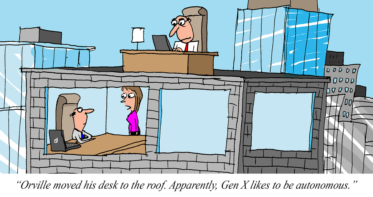 Cartoon of a manager who has moved his desk to the roof of an office building, looking down at employees working inside, with a caption joking that Gen X likes to be “autonomous.”