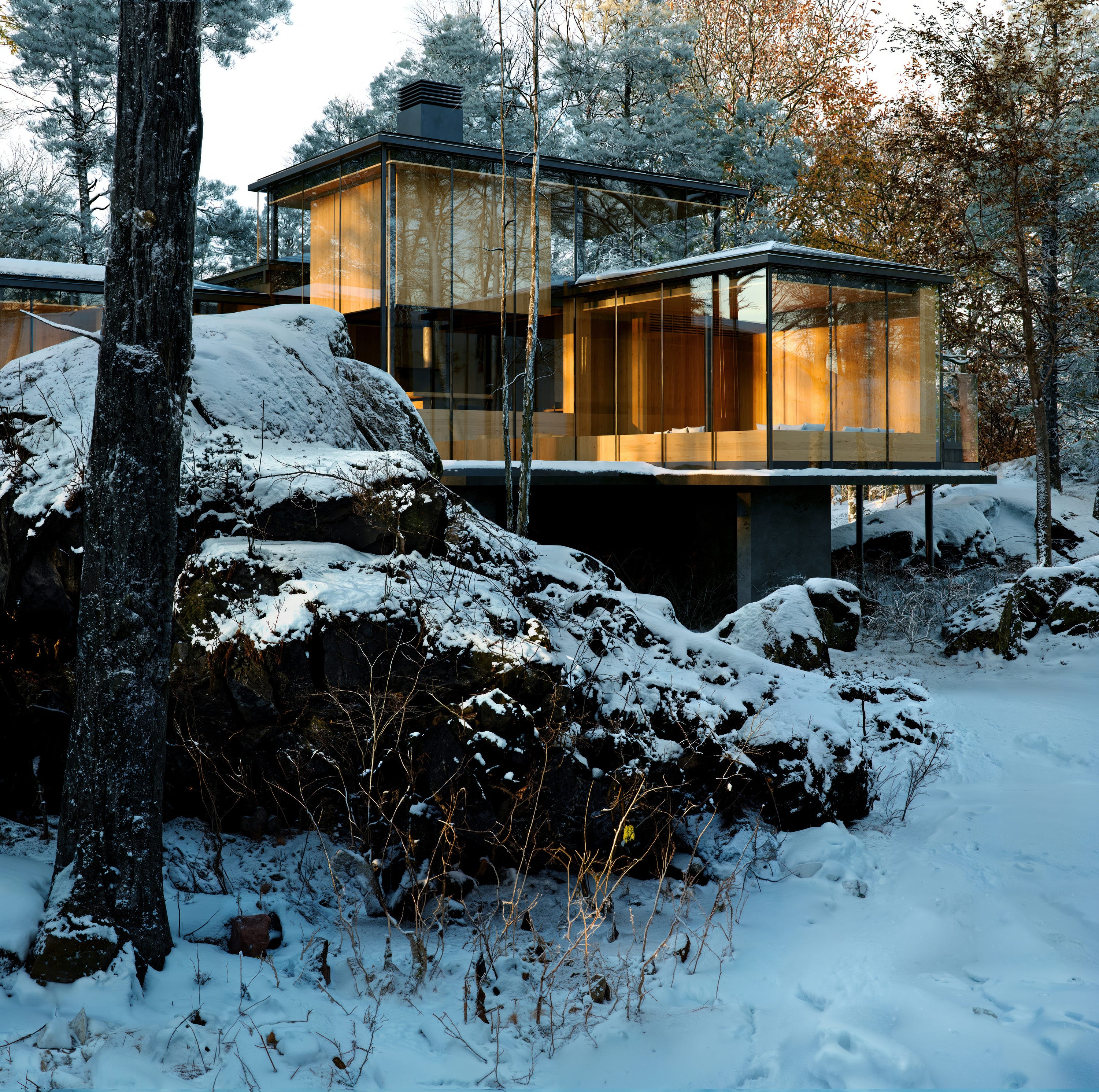 KITAKARUIZAWA IRORI」が上棟を迎え、その姿が雪景色の中に
