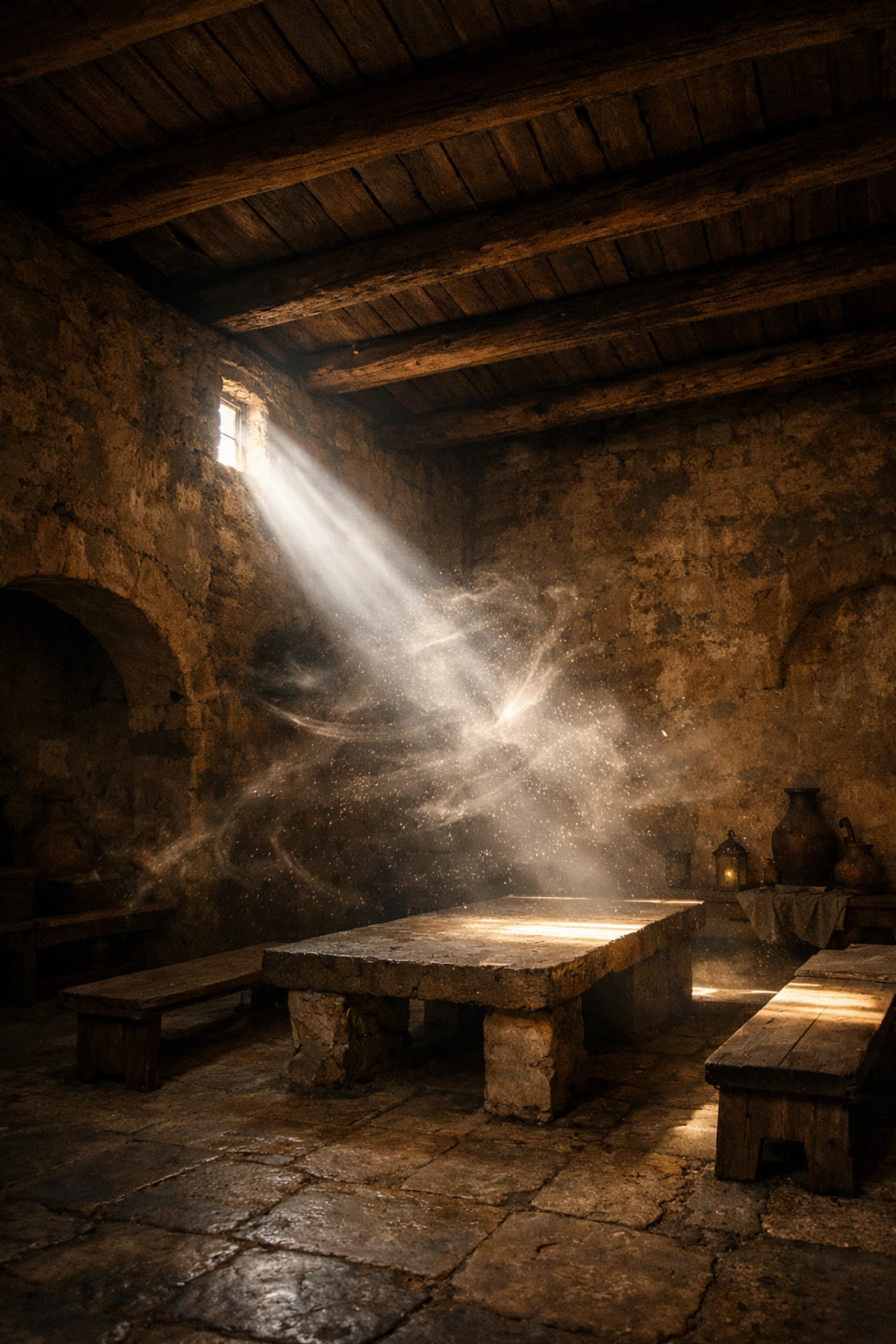 Light shining into an ancient upper room, symbolizing the breath of the Holy Spirit and the birth of the Church | Dr. Marcus Peter