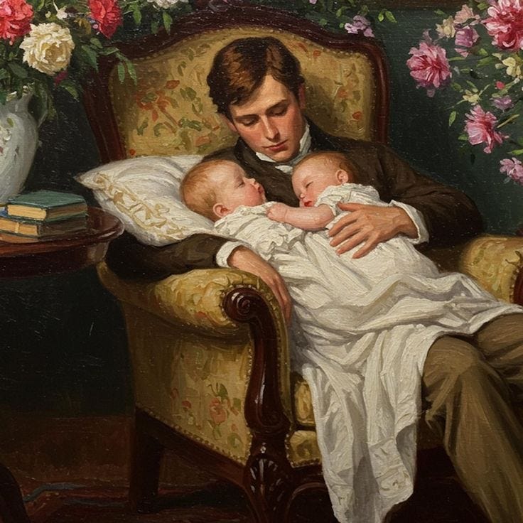 This may contain: a painting of a man sitting in a chair holding a baby