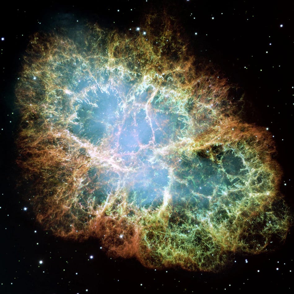 A colorful nebula in space, specifically Messier 1 (M1), the Crab Nebula A colorful nebula in space, specifically Messier 1 (M1), the Crab Nebula