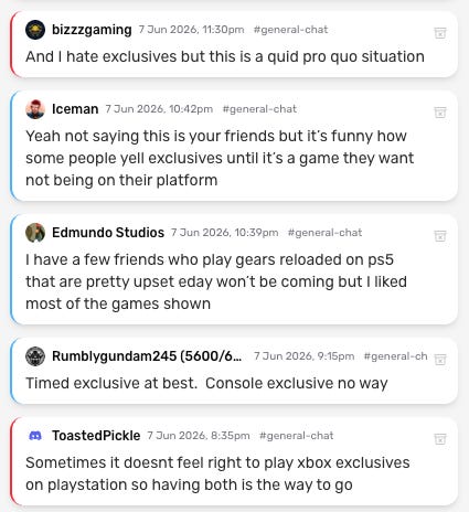 Players discuss Xbox exclusivity in the general-chat channel