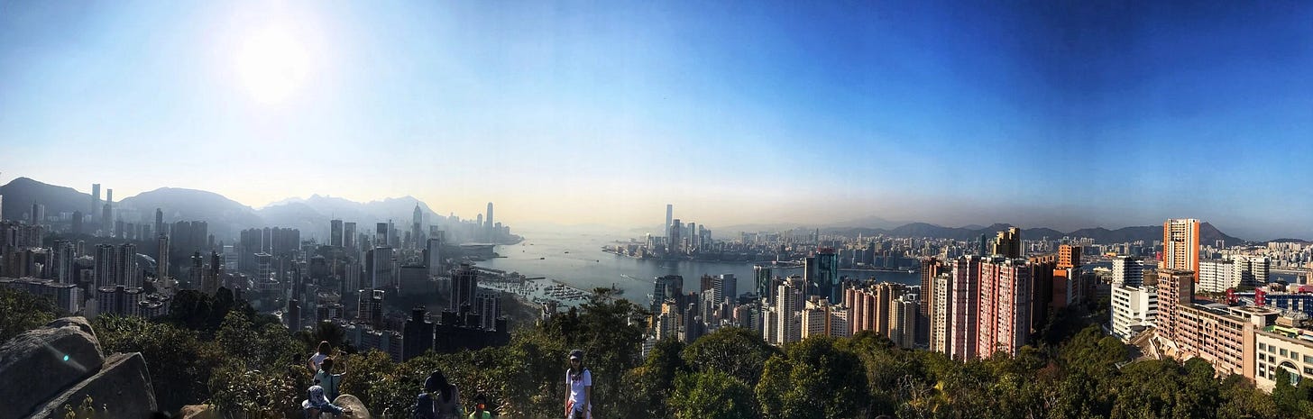 Panoramic views of both Hong Kong Island and Kowloon skylines at Jardine’s Lookout Panoramic views of both Hong Kong Island and Kowloon skylines at Jardine’s Lookout