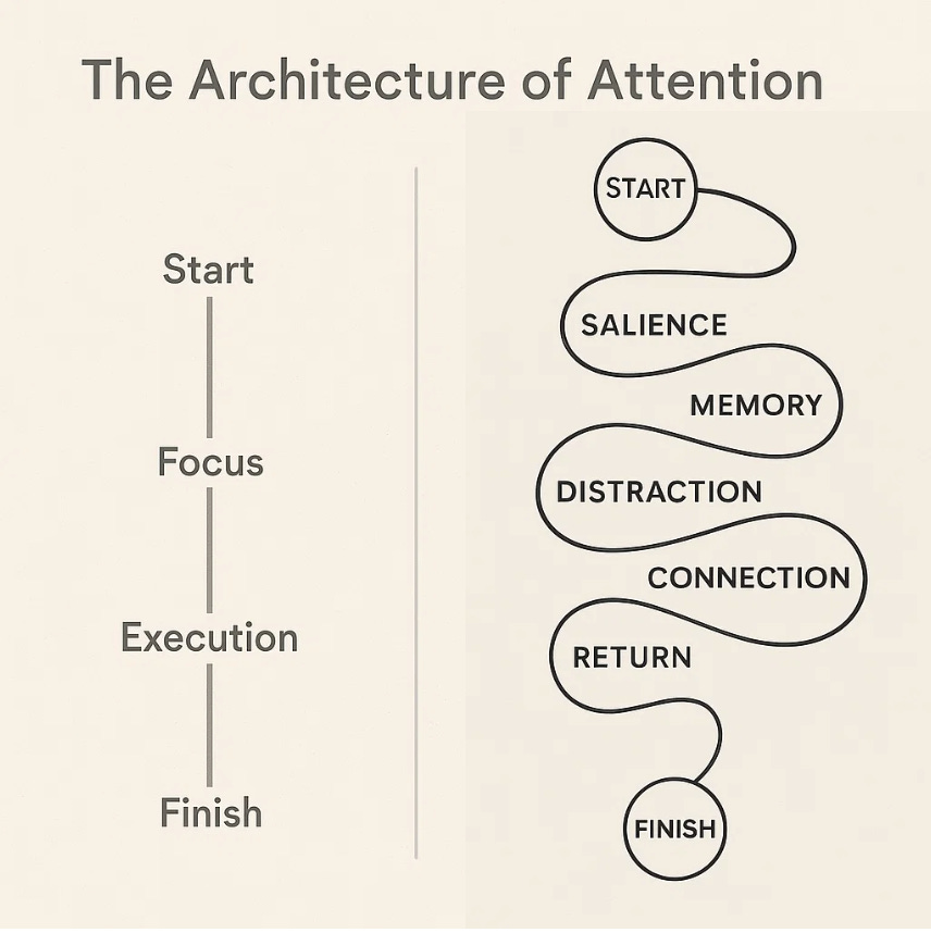Diagram showing two attention paths: one straight, fast, and linear; one meandering, labeled with waypoints like salience, memory, and distraction, but ultimately leading to the same finish point.
