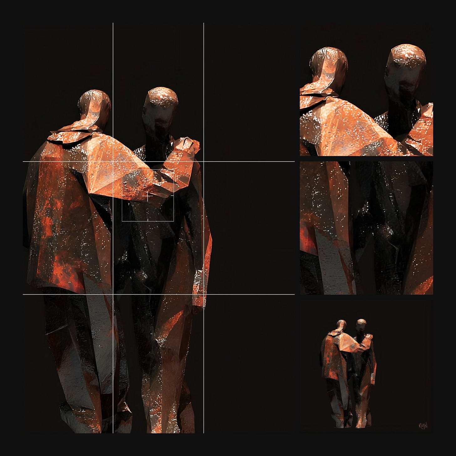 A multi-panel Viewlines study of “The Projected Body” by RUIIN, framed as a camera searching for its subject. On the left, a large pane displays two stylized, low-poly male statues caught within fine white viewfinder crosshairs and grid lines. The right side features stacked, fragmented crops that dissect the statues' forms and molten, orange-rust texture, concluding in a small, full-length view of the isolated sculptural duo in a near-embrace in the bottom-right corner.