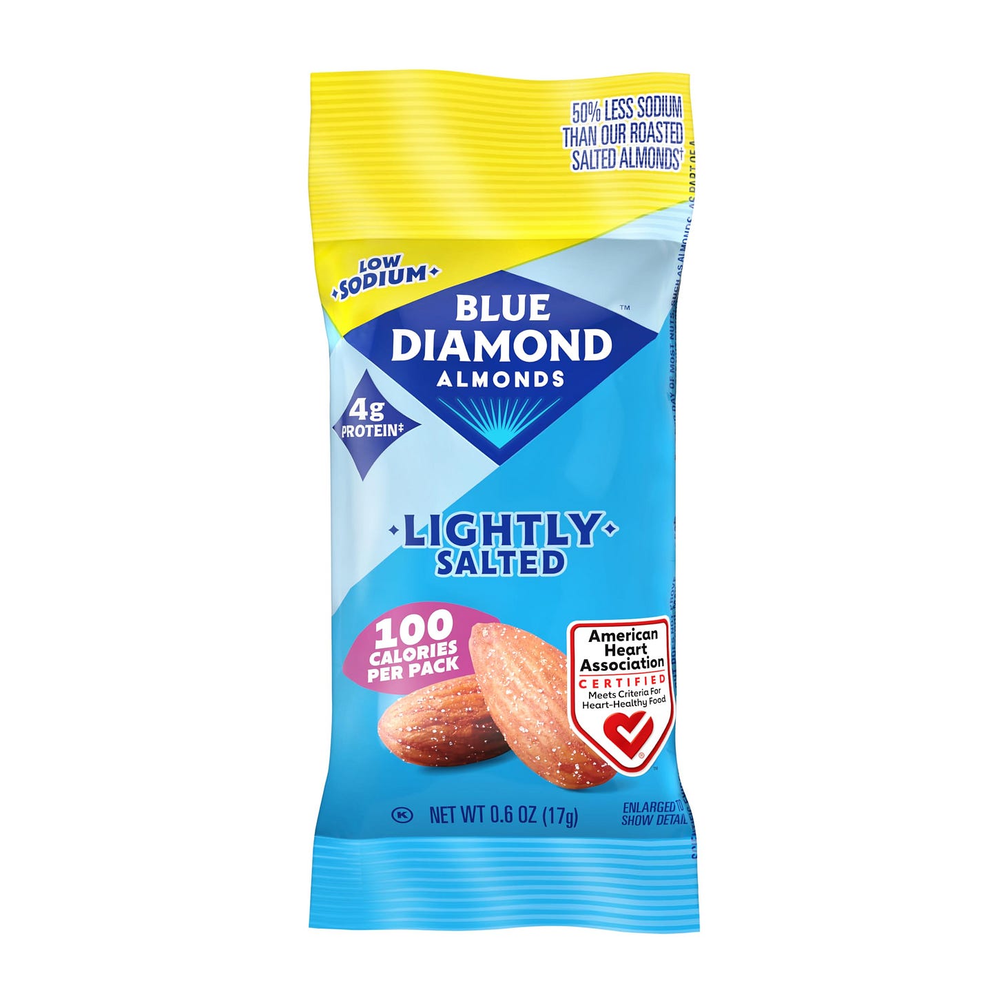 Amazon.com : Blue Diamond Almonds Low Sodium Lightly Salted Snack Nuts, 100  Calorie Packs, 0.6 Ounce (Pack of 32) : Grocery & Gourmet Food