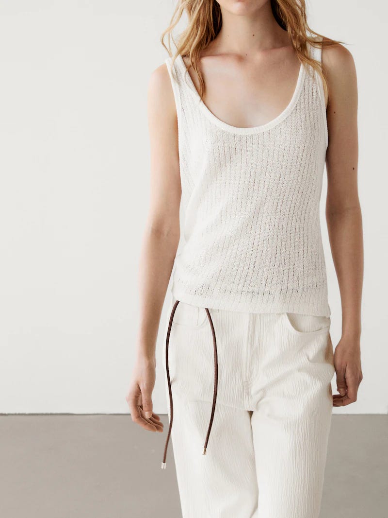 Textured RIBBED neck strappy top CREAM