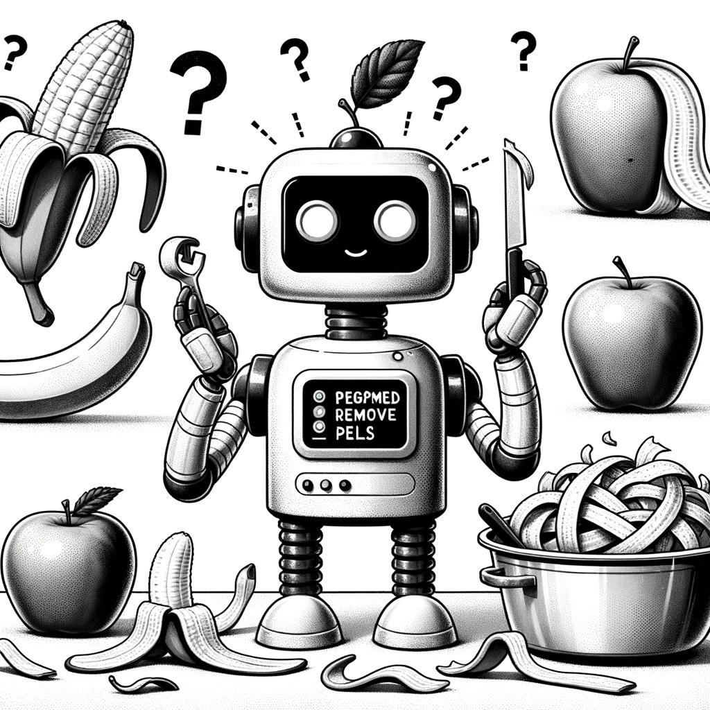 Illustration of a comical robot in a monochrome kitchen, programmed to remove peels, but ends up peeling a banana, an apple, and a confused potato in a row.