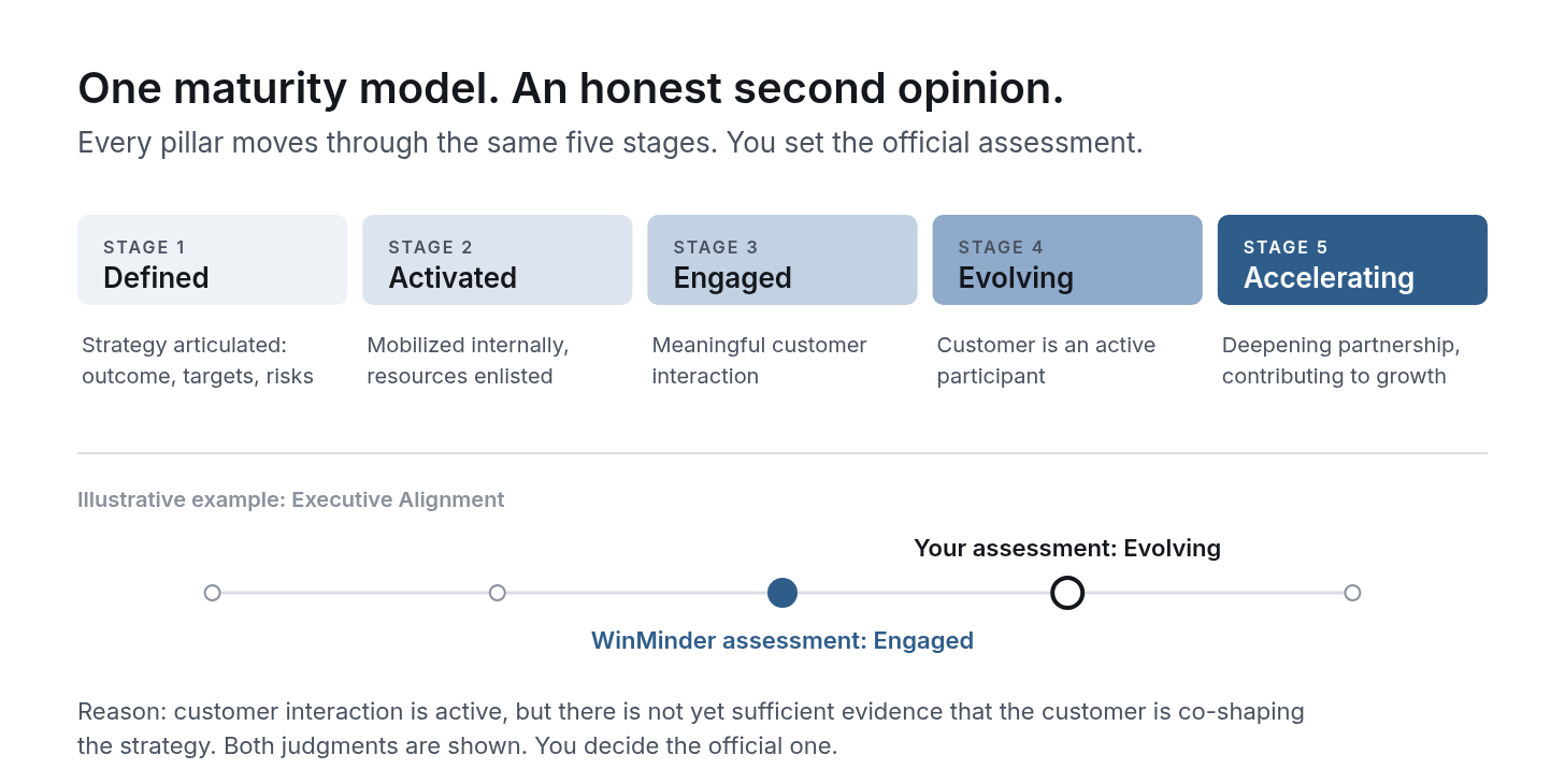 The five maturity stages, Defined, Activated, Engaged, Evolving, and Accelerating, with an illustrative Executive Alignment example: the seller’s assessment is Evolving, WinMinder’s assessment is Engaged, and both are shown. The five maturity stages, Defined, Activated, Engaged, Evolving, and Accelerating, with an illustrative Executive Alignment example: the seller’s assessment is Evolving, WinMinder’s assessment is Engaged, and both are shown.