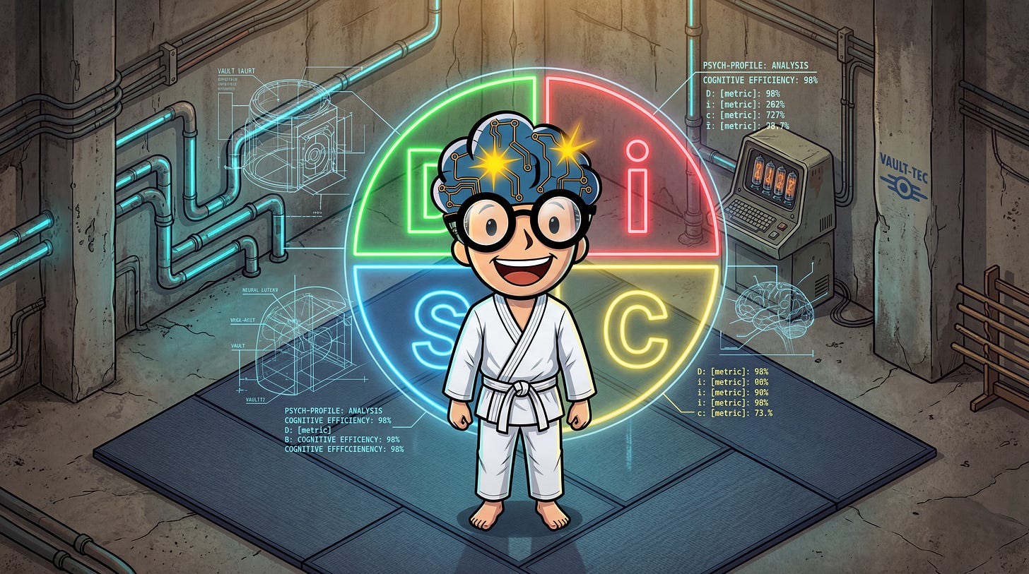 Illustration style cartoon rétro-futuriste montrant le personnage GMIND-BOY en kimono de judo blanc (Gi) au centre d'un tatami dans un bunker souterrain fortifié. Un cercle néon lumineux Everything DiSC entoure le personnage avec des consoles de monitoring technologiques en arrière-plan.