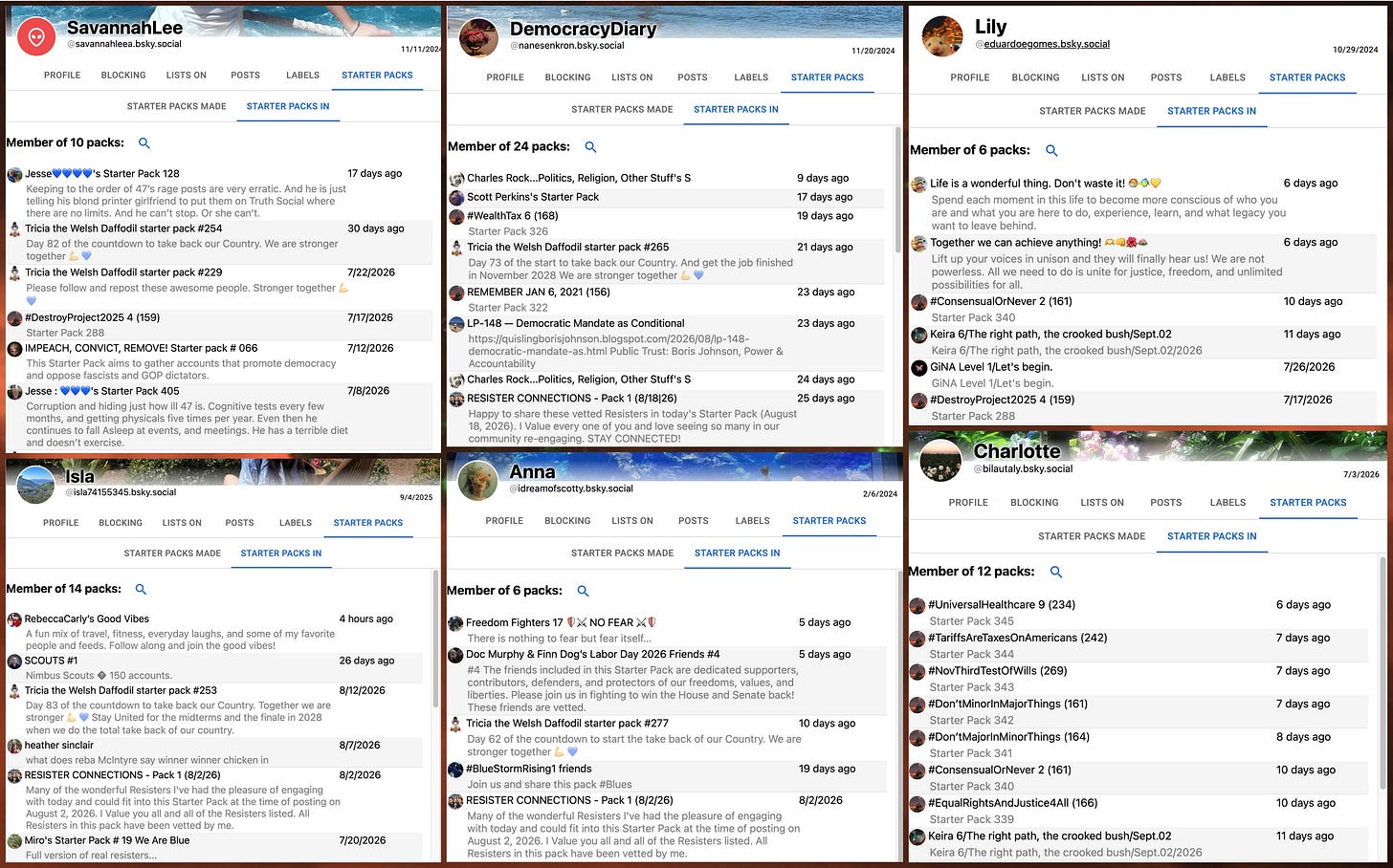 Clearsky screenshots showing that many of the spam accounts are in multiple starter packs Clearsky screenshots showing that many of the spam accounts are in multiple starter packs