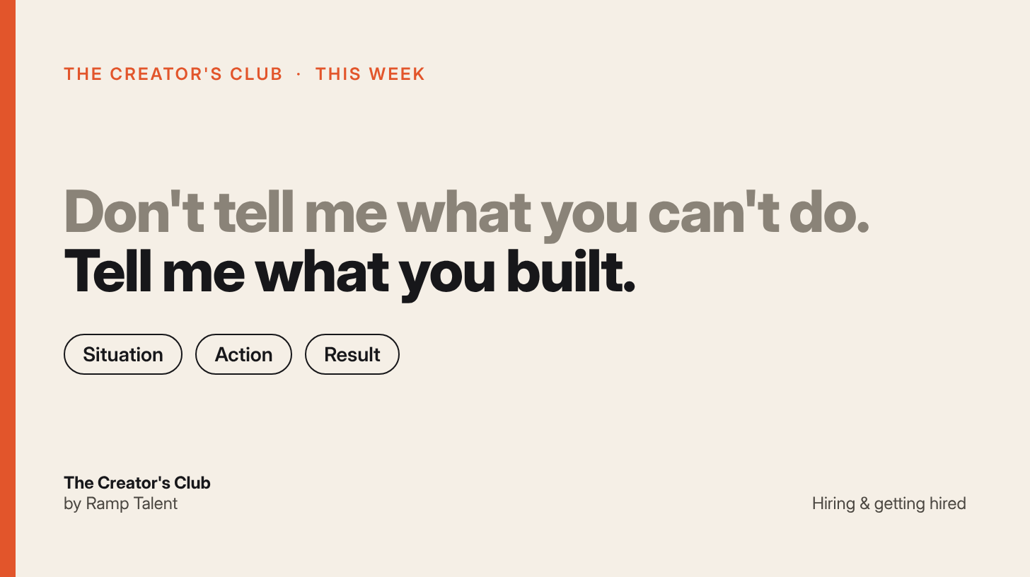 Don't tell me what you can't do. Tell me what you built. Situation, Action, Result. Don't tell me what you can't do. Tell me what you built. Situation, Action, Result.