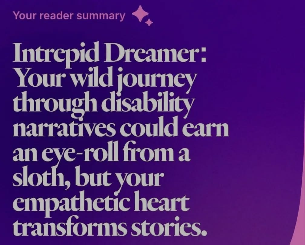 Intrepid Dreamer: Your wild journey through disability narratives could earn an eye-roll from a sloth, but your empathetic heart transforms stories. Intrepid Dreamer: Your wild journey through disability narratives could earn an eye-roll from a sloth, but your empathetic heart transforms stories.
