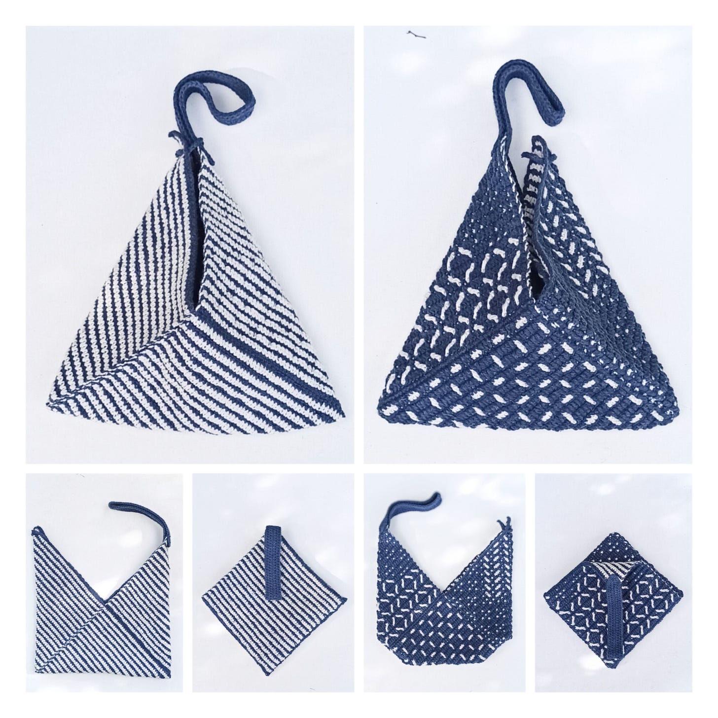 Overlay mosaic crochet reversible bag: The Blue One with Sashiko. Overlay mosaic crochet reversible bag: The Blue One with Sashiko.