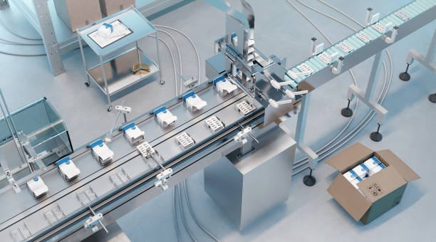 High angle view of automated packaging line conveyor belt in pharmaceutical factory High angle view of automated packaging line conveyor belt in pharmaceutical factory.  3D render of pharmaceutical production line with medicines being packed in boxes. medicine manufacturing stock pictures, royalty-free photos & images