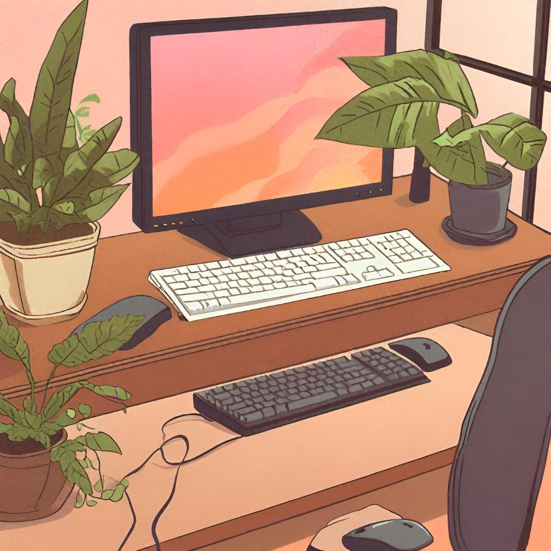 An illustration of a brown desk, a monitor, three plants on the desk, two layers on the desk with two keyboards, with a warm background and pink and peach screensaver on the monitor.