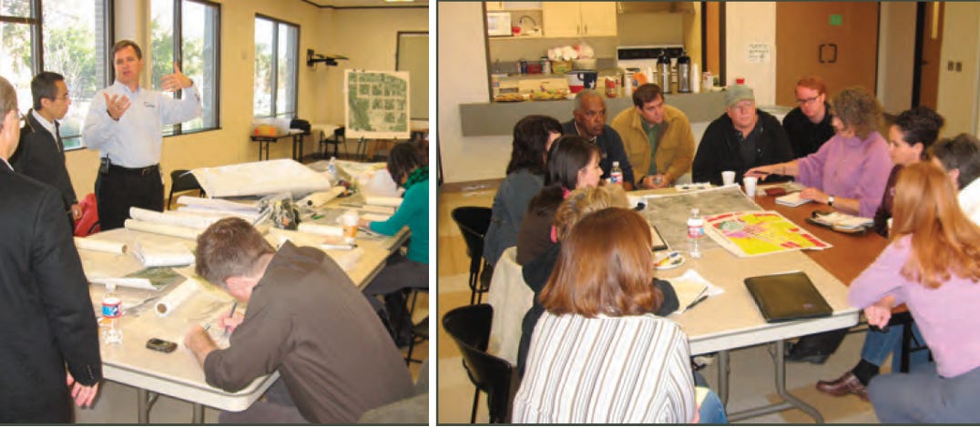 Two photos from the 2008 Round Rock downtown charrette. On the left, a project manager gestures while speaking to a small group gathered around a table covered in maps and design plans. On the right, a diverse group of residents and planners sit closely around a table, reviewing maps and sketches during a collaborative planning session.