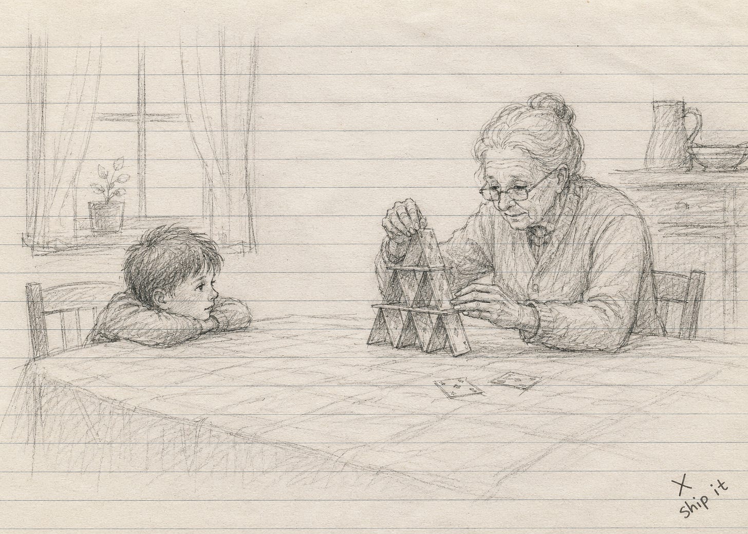 An elderly woman carefully builds a house of playing cards on a linen-covered kitchen table while a young boy watches quietly across from her, capturing a childhood memory of patience, ritual, and connection. An elderly woman carefully builds a house of playing cards on a linen-covered kitchen table while a young boy watches quietly across from her, capturing a childhood memory of patience, ritual, and connection.