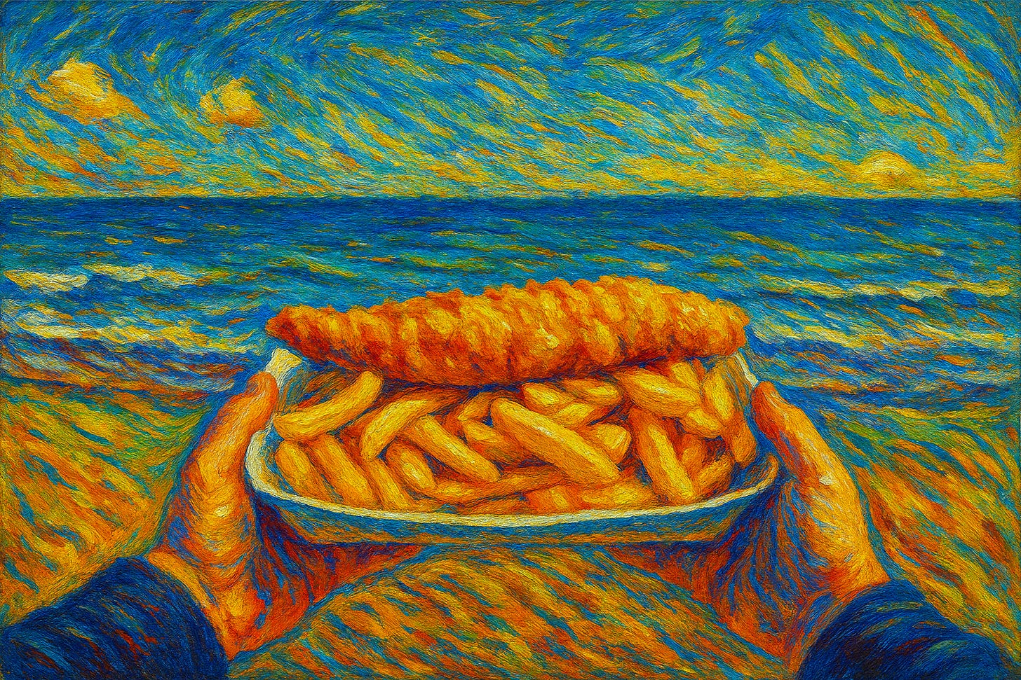 Expressionist painting of fish and chips held up at the seaside. Golden fries and a glowing battered fish dominate the foreground, while the ocean and sky swirl with vivid blues, yellows, and oranges, creating a vibrant, dreamlike seaside feast. Expressionist painting of fish and chips held up at the seaside. Golden fries and a glowing battered fish dominate the foreground, while the ocean and sky swirl with vivid blues, yellows, and oranges, creating a vibrant, dreamlike seaside feast.