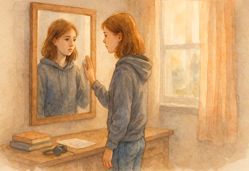 Watercolor painting of a teenage girl standing before a mirror, gently touching her reflection, symbolizing self-acceptance and realizing that true belonging means more than fitting in.