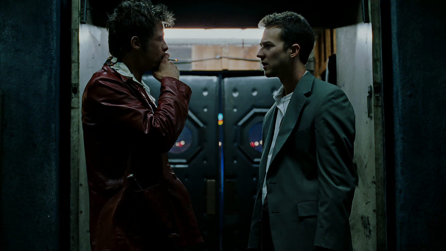 Fight Club | Still features Edward Norton as The Narrator meeting up with Brad Pitt as Tyler Durden.