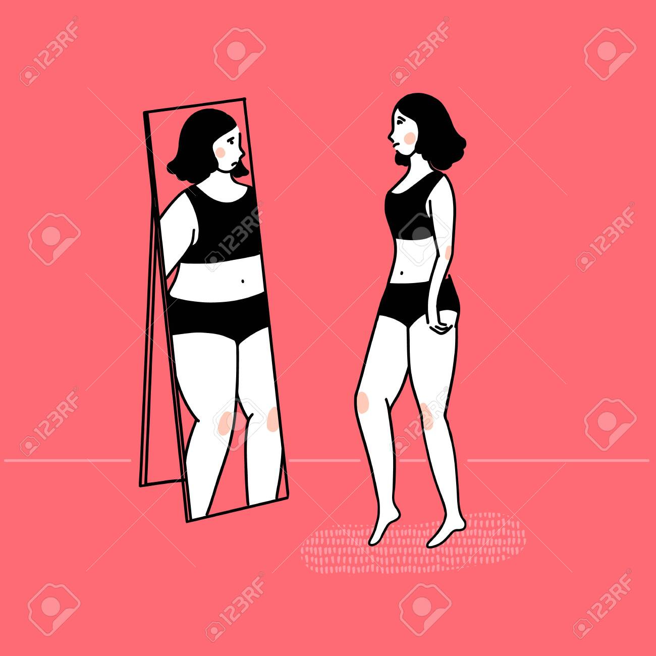 Slim Girl Looking At Fat Reflection In Mirror. Eating Disorder Concept, Body  Dysmorphia. Vector Outline Illustration On Pink Background. Royalty Free  SVG, Cliparts, Vectors, and Stock Illustration. Image 140597085.