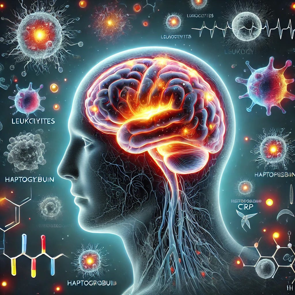 An illustration depicting the concept of inflammation's role in psychiatric disorders. The image should include symbolic elements like the human brain with glowing, inflamed areas, particularly around the frontal and temporal lobes, representing psychiatric disorders. Include subtle imagery of inflammatory biomarkers, such as leukocytes, haptoglobin, and CRP, shown as abstract cellular elements floating around the brain. The overall tone should be scientific and modern, with a sense of precision medicine. The background should be dark with a focus on the brain and biomarkers, giving a high-tech and medical feel.