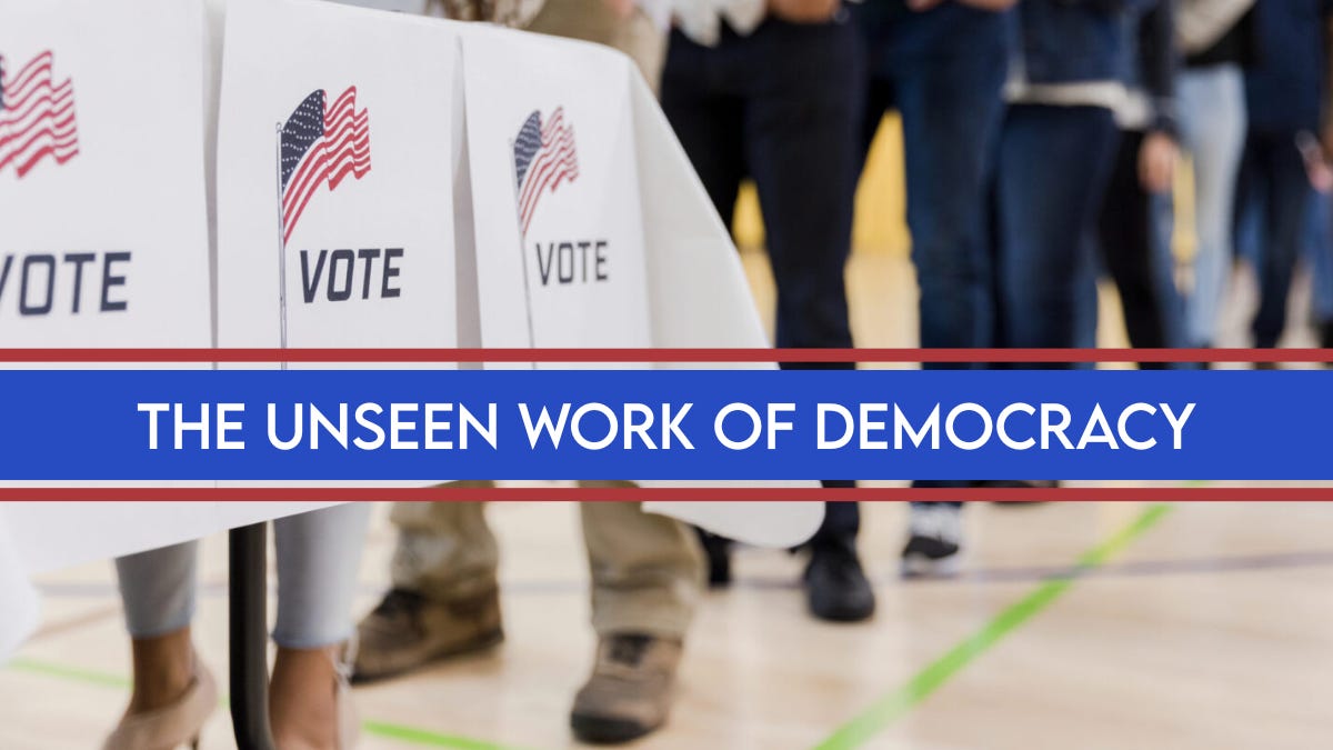 Voting booths with American flags and the word ‘VOTE’ in a polling place, with voters in line behind them and a banner reading ‘The Unseen Work of Democracy,’ highlighting poll workers and election day civic participation. Voting booths with American flags and the word ‘VOTE’ in a polling place, with voters in line behind them and a banner reading ‘The Unseen Work of Democracy,’ highlighting poll workers and election day civic participation.