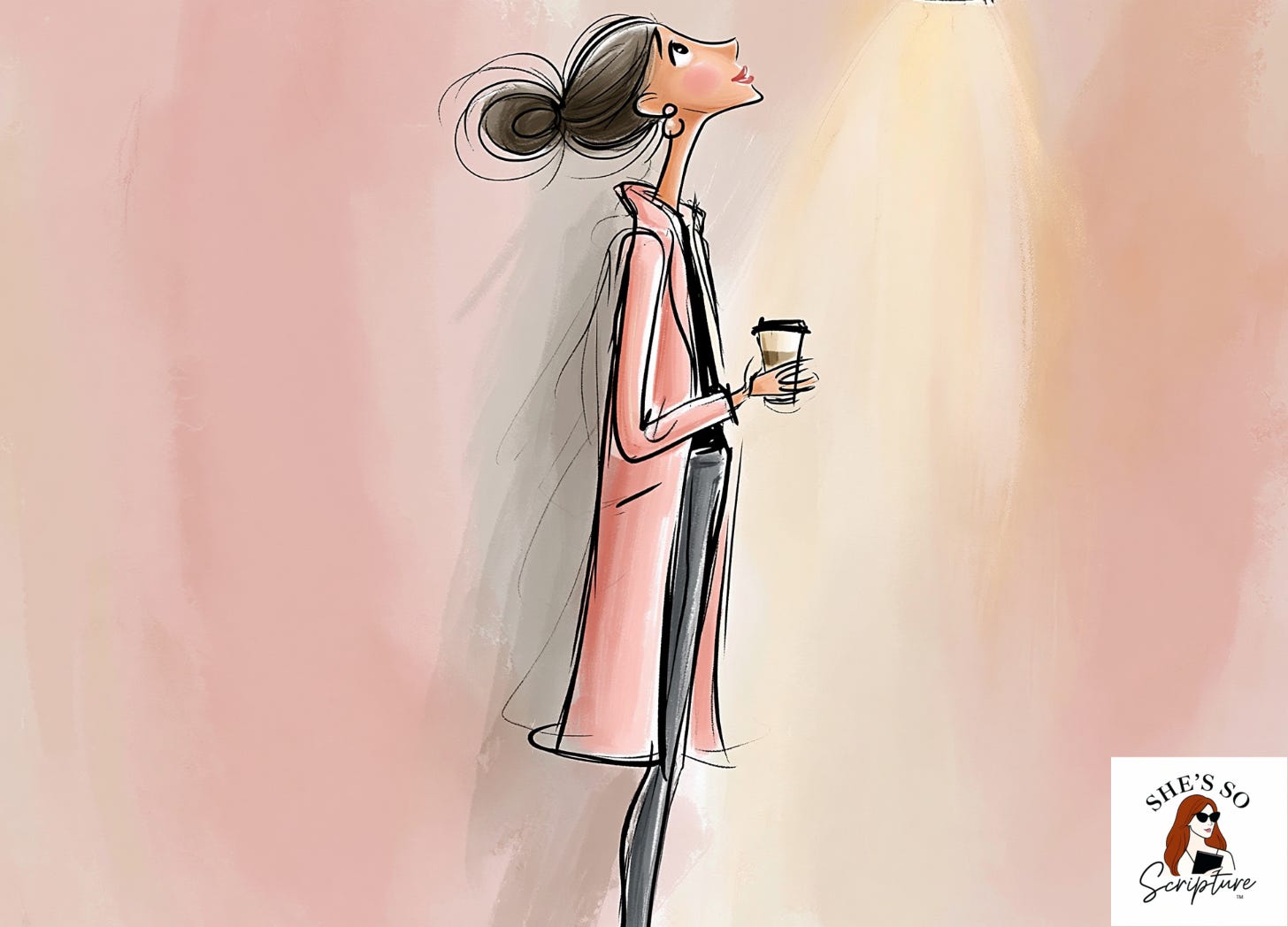 An illustrated woman standing alone in a dim room holding a coffee cup loosely, looking upward into shadow with an expression of searching and quiet ache, rendered in a whimsical fashion illustration style with blush pink and cream watercolor tones.