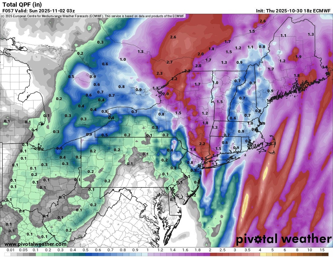 May be an image of map, tornado and text that says 'Total QPF F057 Valid: 2025-1 11 -02 03z 202 2025Eurapean Centrefo Meduum-ran Weather Farecasts CMWF) This avice based dat data and and products the CMWF. Init: Thu Int:Thu2025-10-3018ZECMWF 2025- 2025-10-30 18z ECMWF 2.6 1.0 320.9 1.3 1.1 1.5 1.3 0.2 0.8 0.9 0.8 0.3 0.1 pivotalwęather.com 0.01 0.1 0.2 0.3 0.4 0.5 0.6 0.7 0.8 0.9 pivotal piv#talweather weather 1.4 1.6 1.8 2 2.5 12141.61.82253 33545681015 6 3 3.5 8'