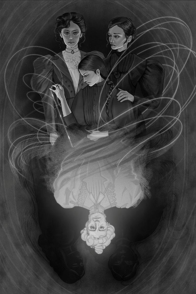 A piece of digital art in black, white, and gray shades of a Victorian era family. The mother and aunt stand in the background while a teenage girl sits with a sewing project on her lap, the thread and need emitting long strings of magic. There is the image of an elderly woman below, as if in another dimension, because she is a spirit. A piece of digital art in black, white, and gray shades of a Victorian era family. The mother and aunt stand in the background while a teenage girl sits with a sewing project on her lap, the thread and need emitting long strings of magic. There is the image of an elderly woman below, as if in another dimension, because she is a spirit.