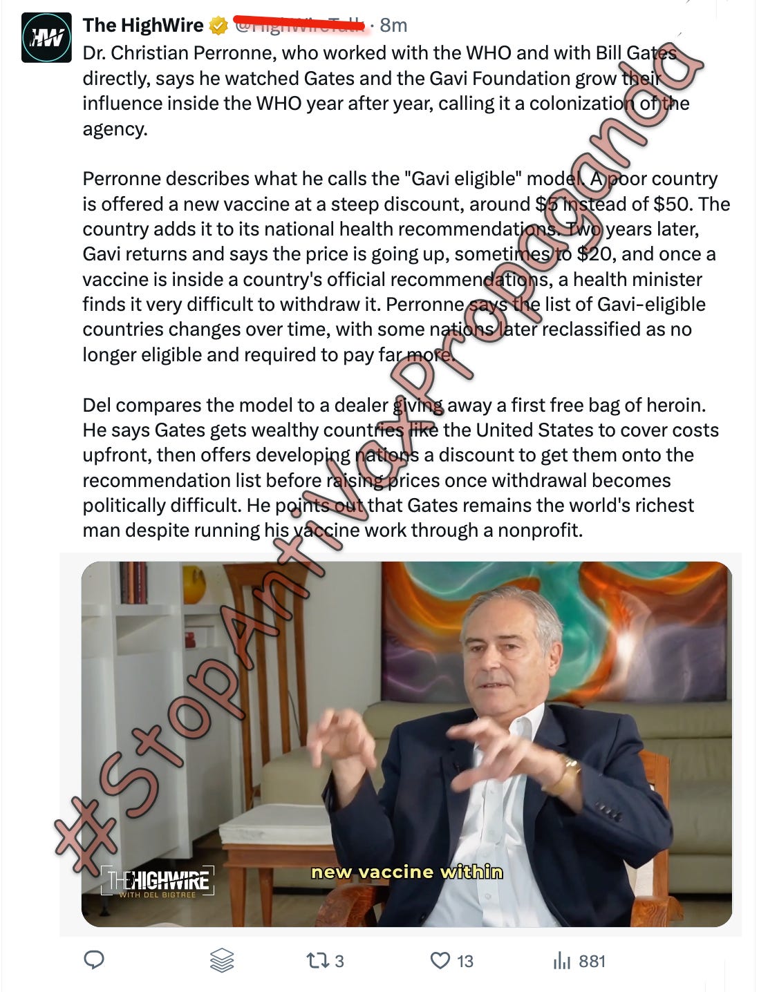 Christian Perronne helps Del Bigtree push propaganda—criticizing how Gavi helps get people vaccinated in low-income countries. Christian Perronne helps Del Bigtree push propaganda—criticizing how Gavi helps get people vaccinated in low-income countries.
