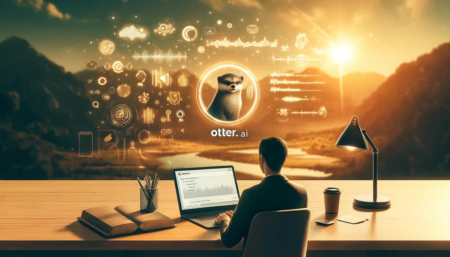 A person sits at a desk using a laptop with the Otter.ai app open. Floating text bubbles and voice waveforms in the background represent dictation and transcription. The scene has a modern, productive atmosphere with warm lighting, conveying efficiency and technological innovation.