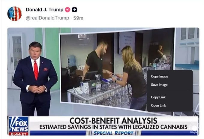 Donald J. Trump on a television screen, wearing a red tie and suit. A news graphic displays "COST-BENEFIT ANALYSIS ESTIMATED SAVINGS IN STATES WITH LEGALIZED CANNABIS" and "SPECIAL REPORT." Two people, a man and a woman, are visible on a screen behind, standing at a counter with various items.