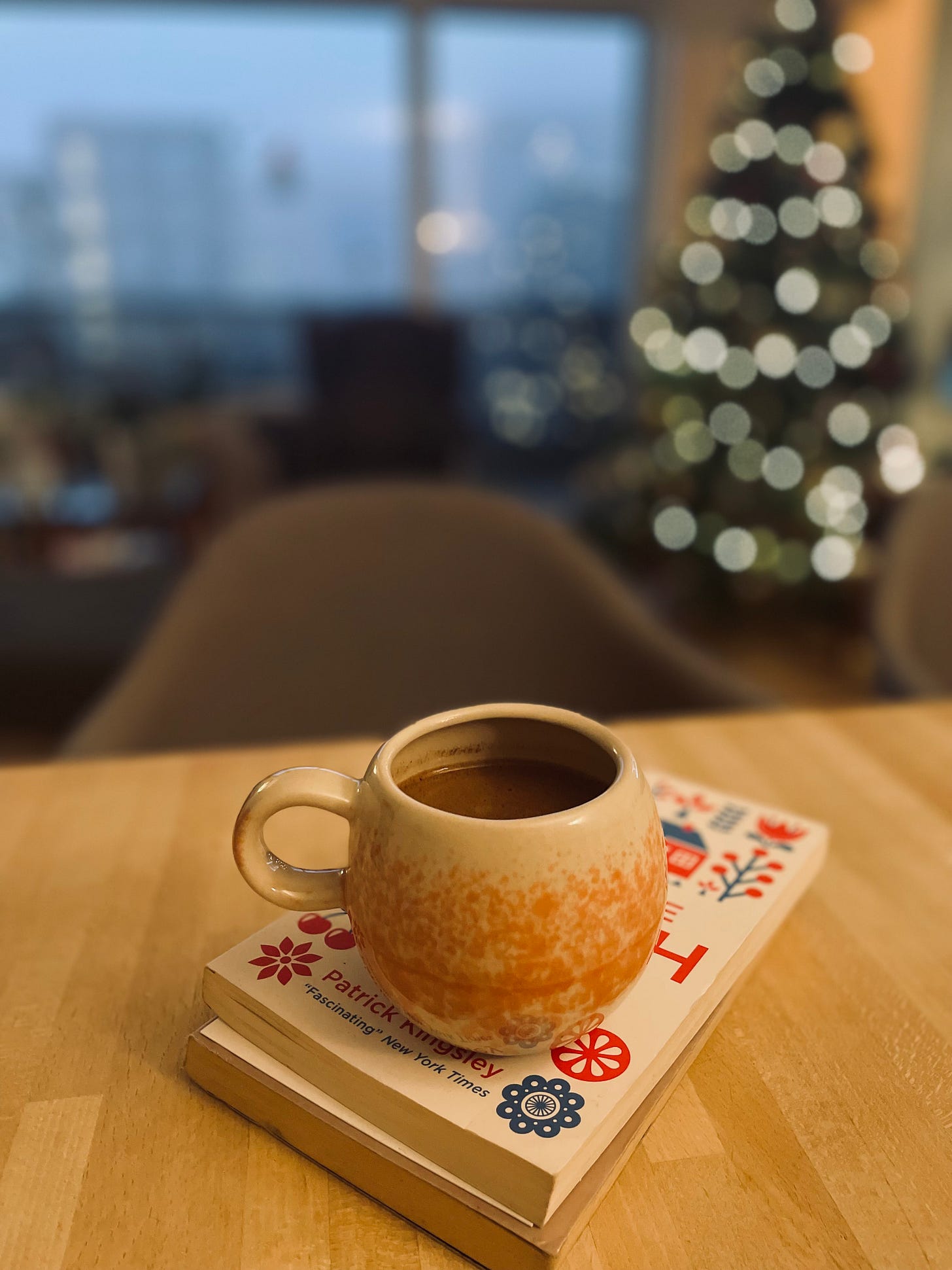 greek coffee in front of Christmas tree