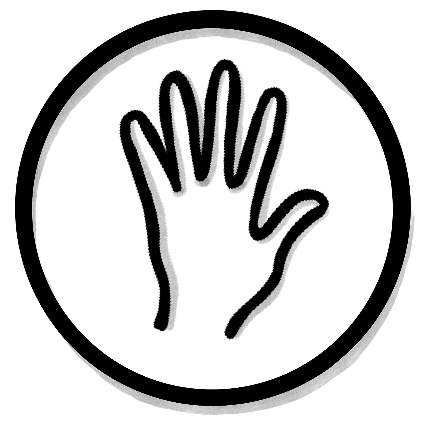 A hand raised in a stop sign in a black outline with shadows and surrounded by a black circle line.