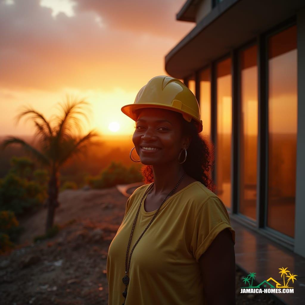 Cinematic film still shot on v-raptor XL of a proud Jamaican mother in her late 30s, supervising the construction of a modern house with extensive glass walls during a vibrant sunset. Tropical realism infused with film grain, a subtle vignette, and expert color grading capture a feeling of accomplishment. Cinematic lighting, 35mm film aesthetic, live-action quality, best quality, atmospheric, a masterpiece.