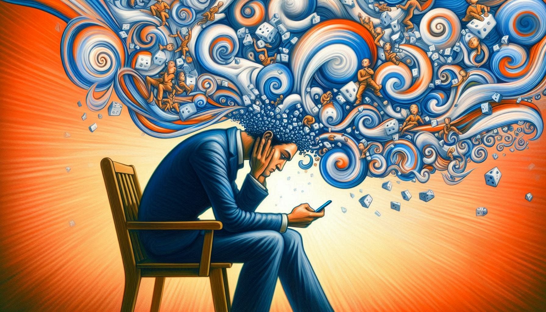 A stylized representation of a person watching smartphone looking drained with cognitive overload, while the short form content in social media is depicted as tiny figures, swirls around them. The subject should be at the center. Image should be minimalistic. 