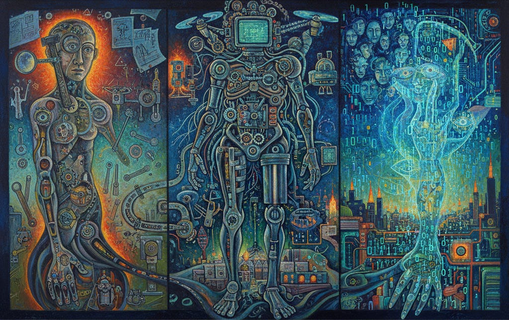 Impressionistic graphic of humanlike figures melding with machines, with wires, cybernetics, bionic augmentations, resulting in a fully machine automaton.